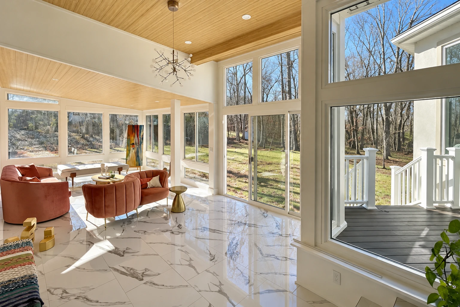 Custom sunroom with warm wood ceiling, marble-pattern tile floor, and large windows opening to a deck and wooded yard.