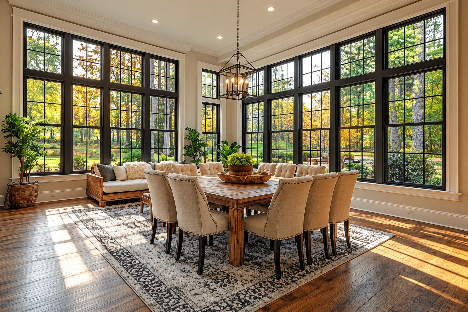 Bright sunroom with tall black-grid windows, a long wooden dining table, and views of autumn trees.