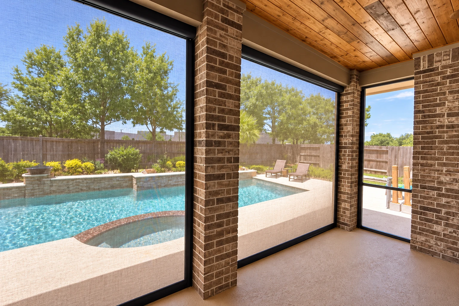 Enclosed patio with screened walls and a wood ceiling overlooking a swimming pool and fenced yard.