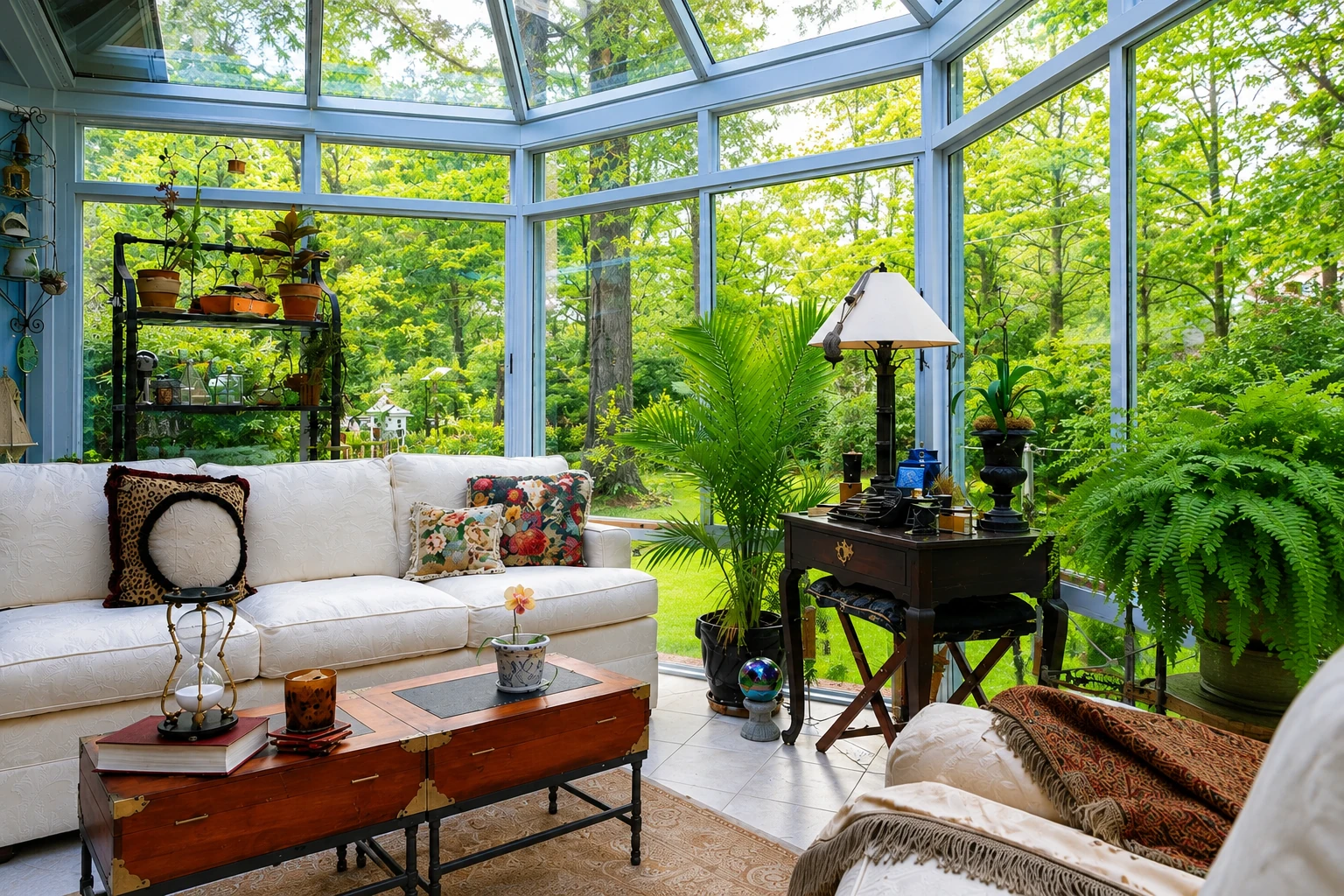 Bright four-season sunroom with a glass roof, white sofa, potted plants, and views of leafy trees.