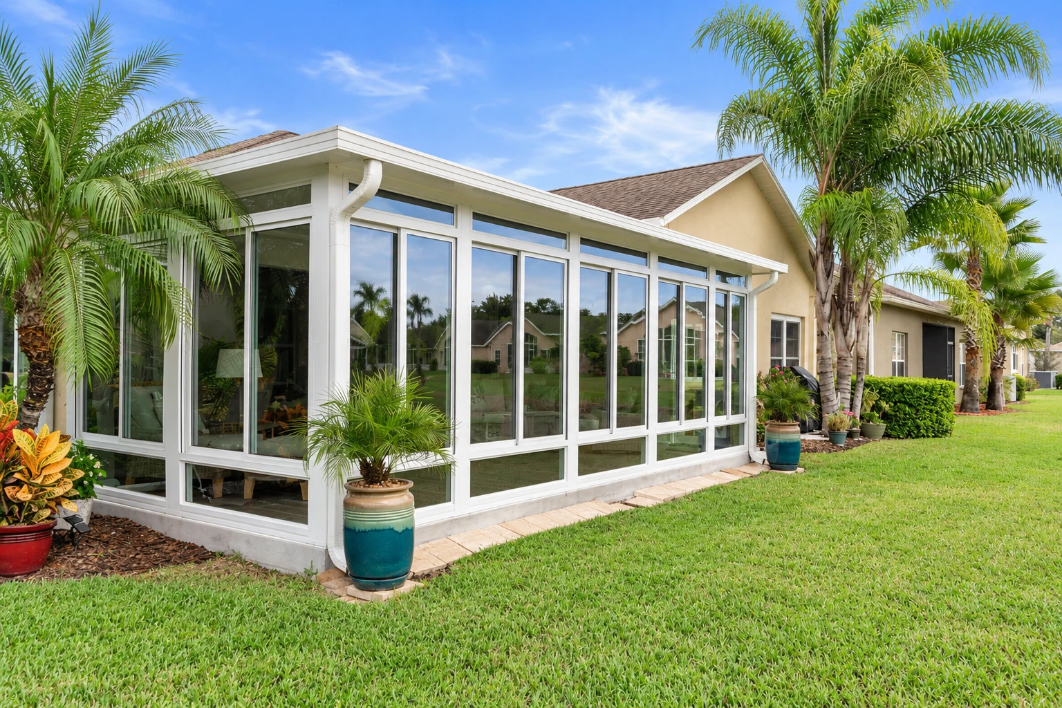A white-framed four-season sunroom addition with tall windows beside a suburban home and palm-filled lawn.