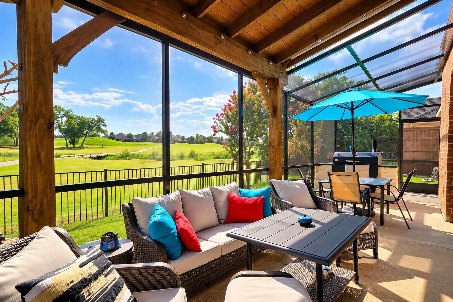 Covered patio with timber roof, screened enclosure, outdoor seating, and a dining area overlooking a lawn.