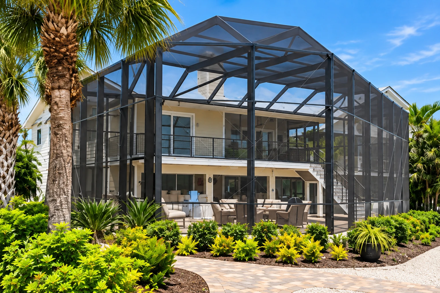 Large screened patio enclosure covers a furnished patio beside a two-story house and tropical landscaping.
