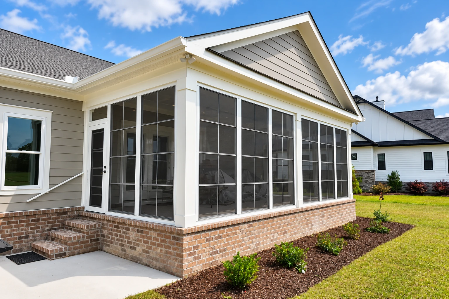 Sunroom with white framing and large screened panels built onto a house above a brick foundation.