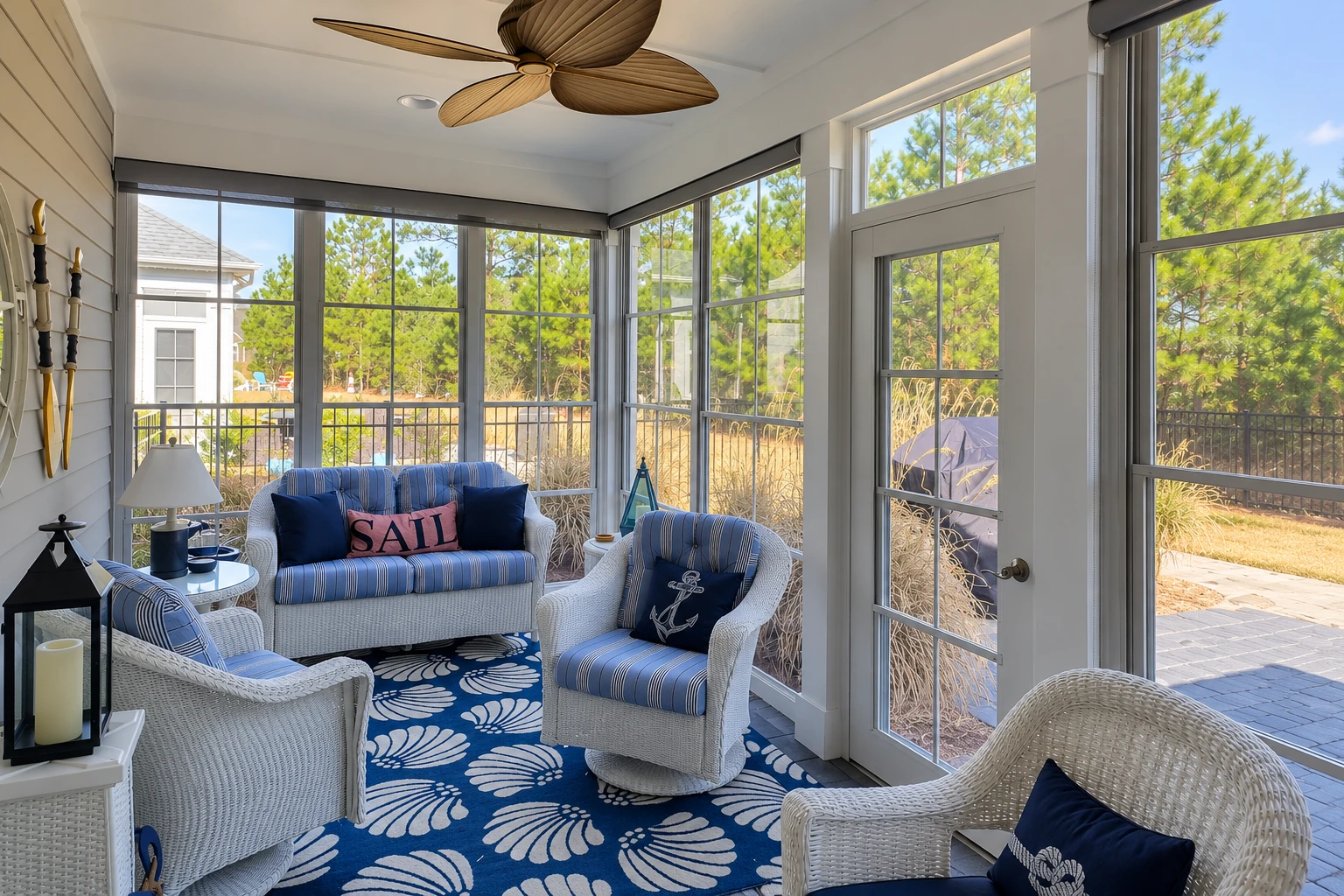 A bright patio-to-sunroom conversion with wraparound windows, wicker seating, blue cushions and a floral rug.
