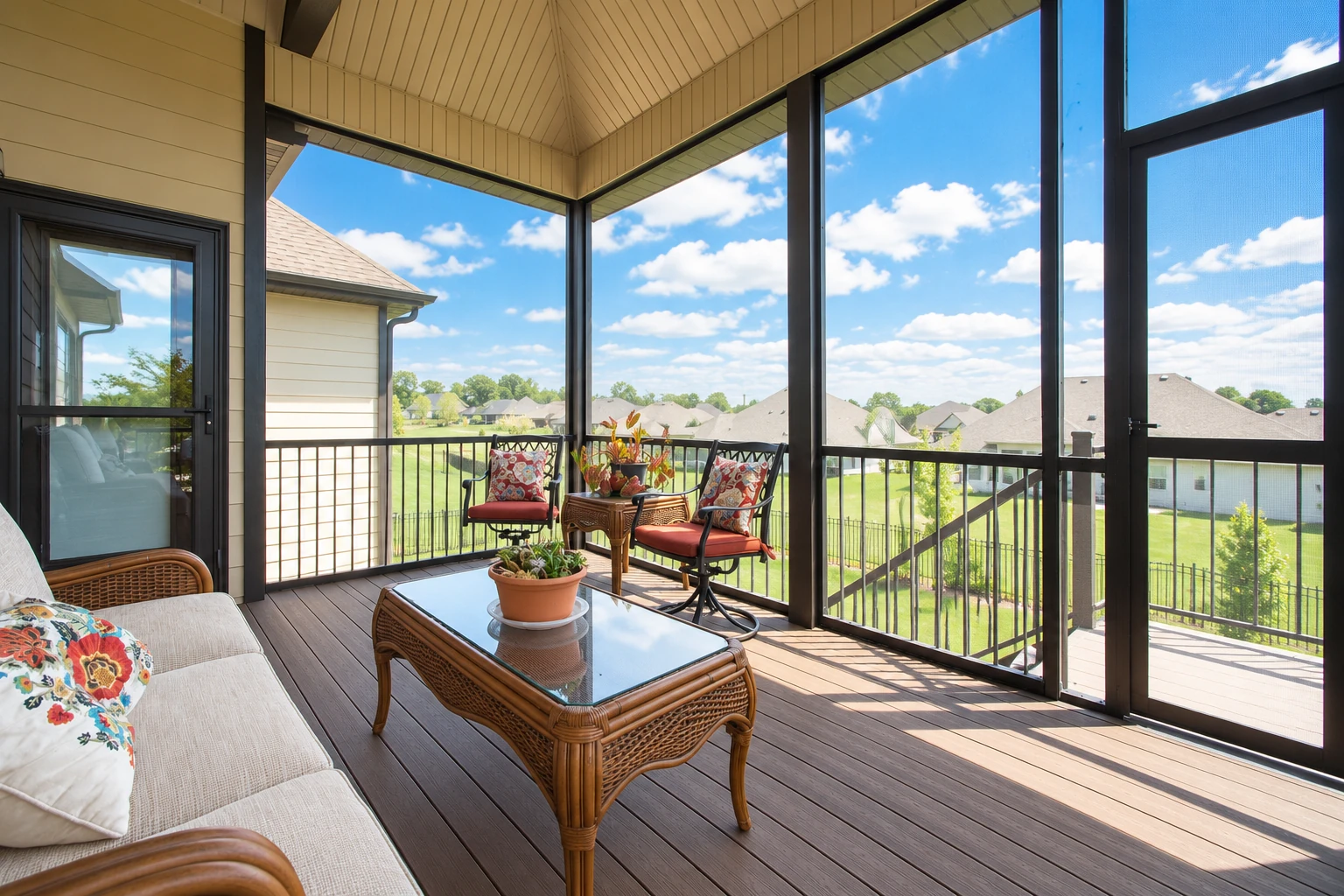 Screened porch with dark frames, wicker seating, and views of a sunny neighborhood through the screens.