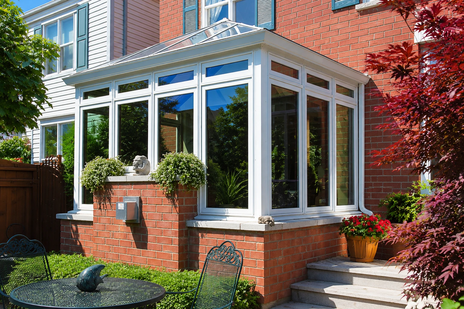 White-framed glass solarium attached to a brick house, with a peaked glass roof and garden seating nearby.