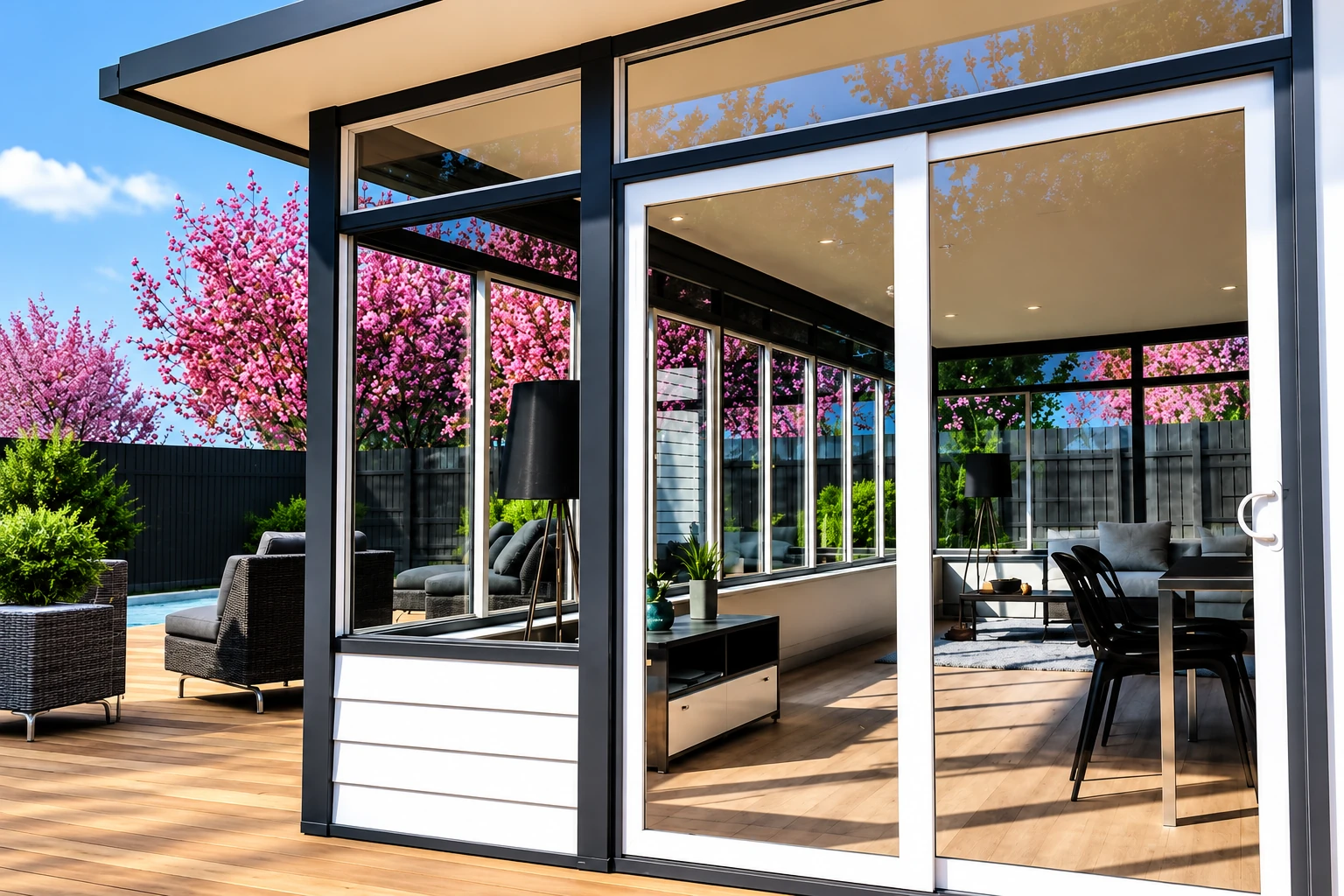 Modern sunroom addition with black framing and wide glass doors opens onto a wood deck beside flowering trees.