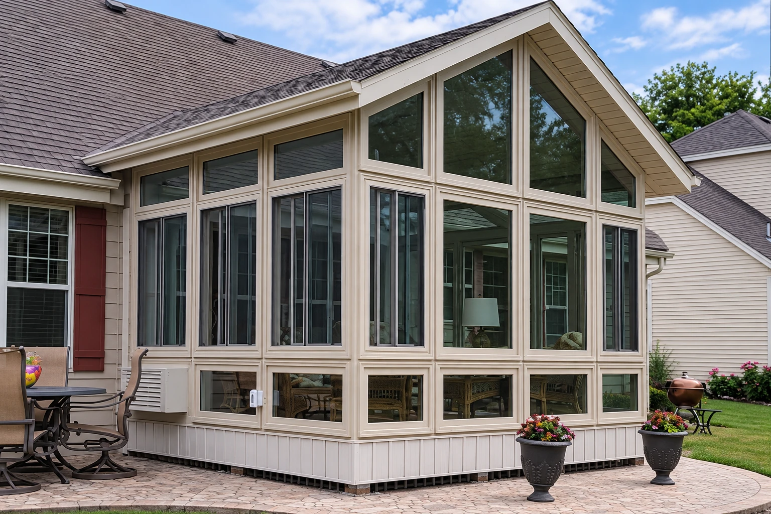 Exterior of a newly enclosed sunroom with tall beige-framed windows, attached to a house beside a paved patio.
