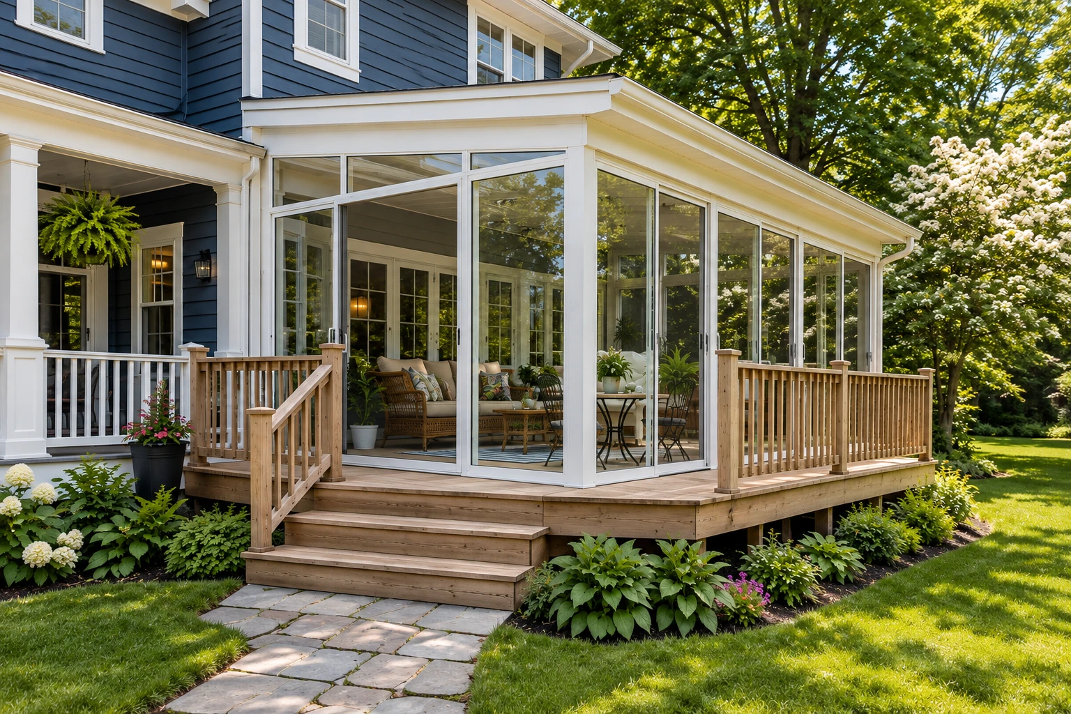 White-framed sunroom with broad glass walls on a raised wooden deck beside a blue-sided home.