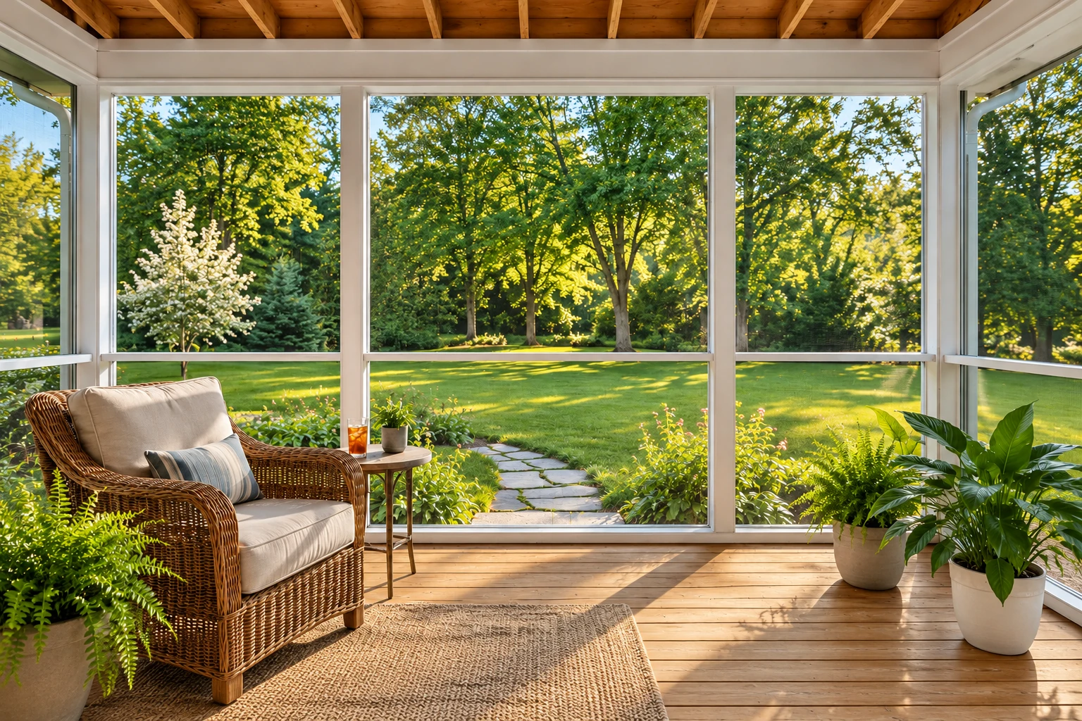 A sunroom with a wood-beam ceiling, wicker chair and wide windows overlooking a leafy garden.