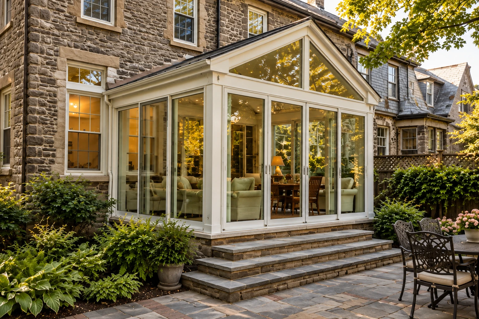 White-framed sunroom addition on a stone house, with floor-to-ceiling glass and broad stone steps.