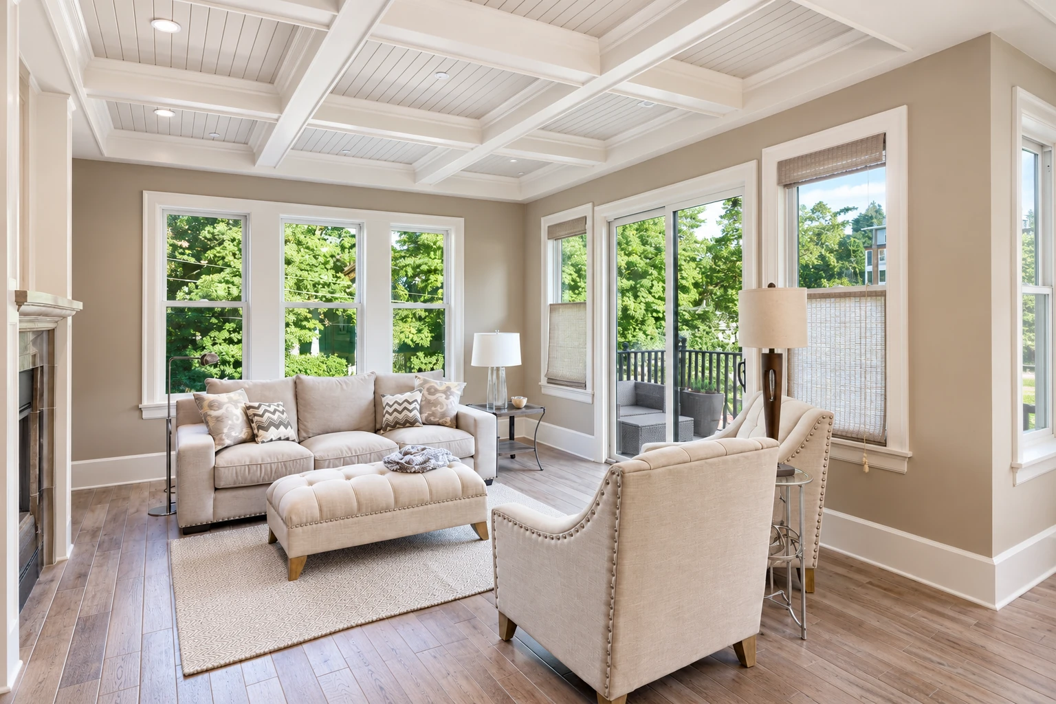 Remodeled sunroom with white coffered ceiling, beige seating, and large windows facing leafy trees.