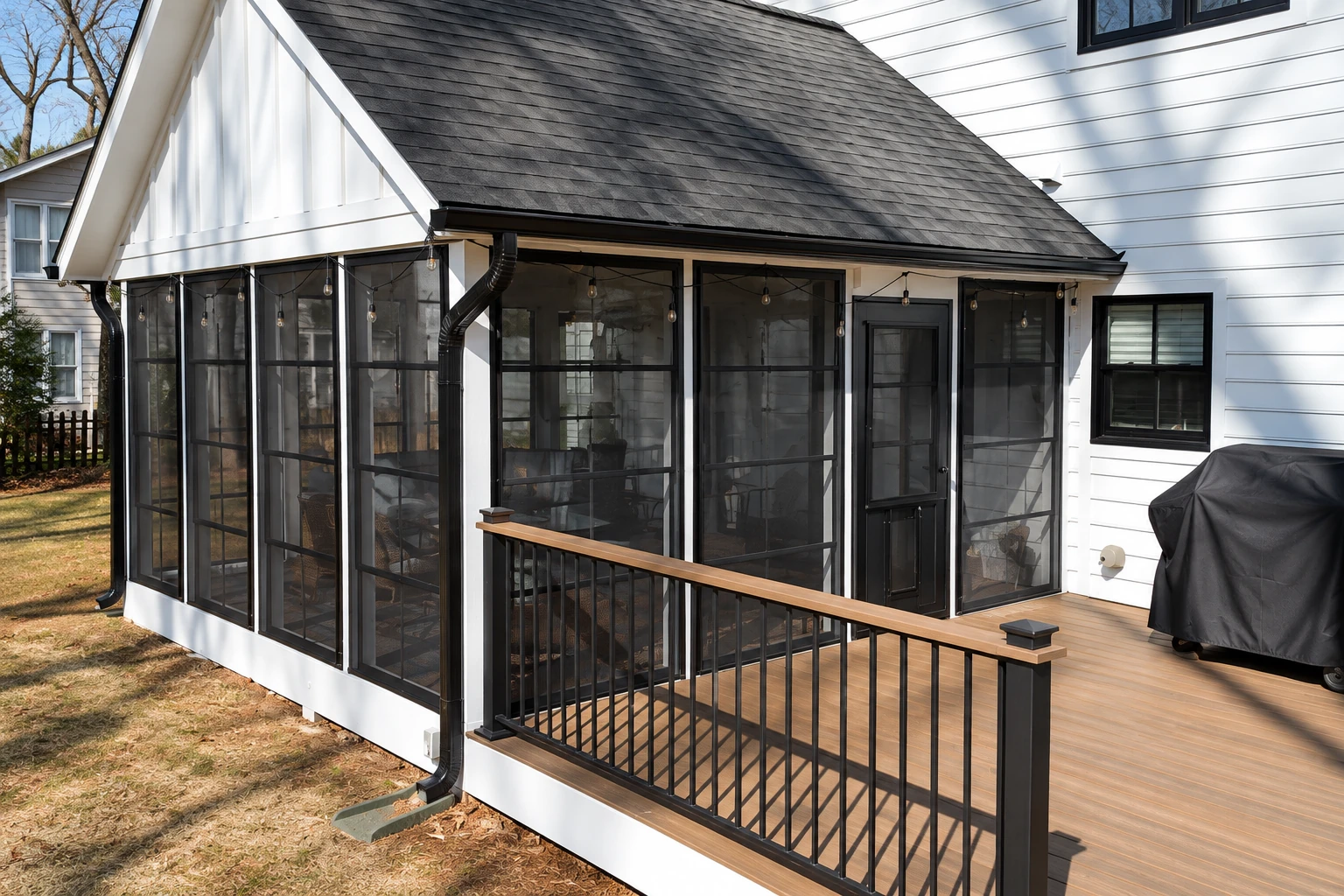 Three-season screened sunroom attached to a white house, with a dark roof, deck railing, and outdoor furniture visible inside.