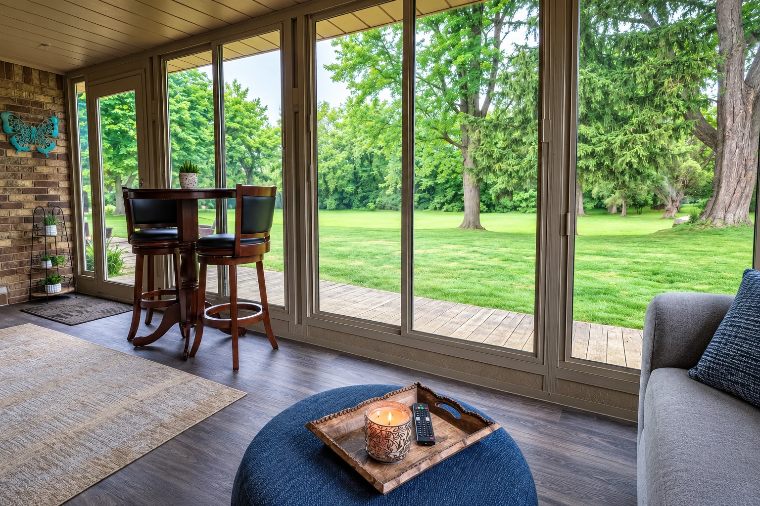 Three-season sunroom with wide sliding glass doors, a small table and chairs, and a green lawn beyond.