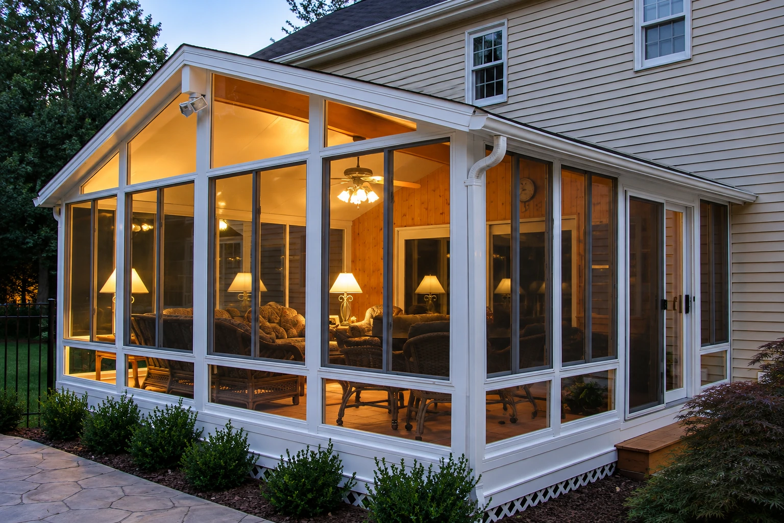 A white vinyl sunroom with a peaked roof and large windows, warmly lit from within at dusk.